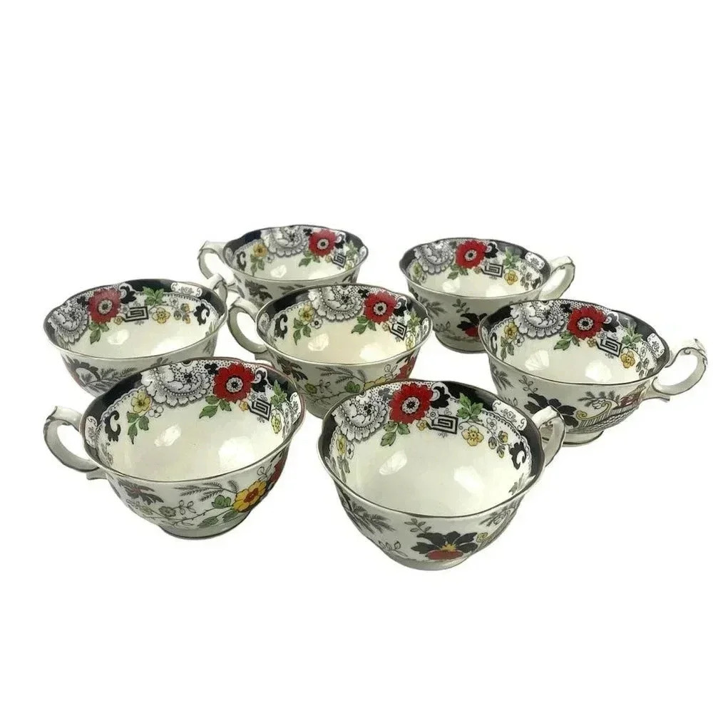VTG Set of 7 Swansea Tea‎ Cups Floral Pattern Bone China Canton Gold Trim